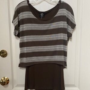 Bobeau Brown and Gray Striped Short Sleeve Top
